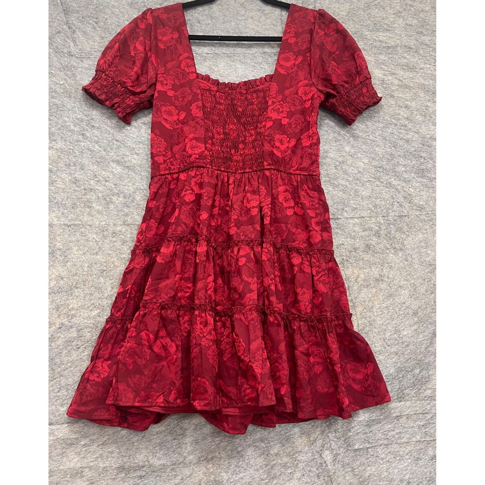 Altar'd State Burgundy Red Floral Jacquard Smocked Tiered Mini Dress Womens M - Picture 3 of 11